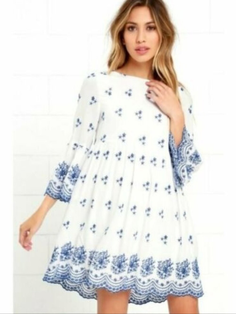 Lulus With a Whisper Babydoll Dress XS White Blue Embroidered Eyelet Bell Sleeve